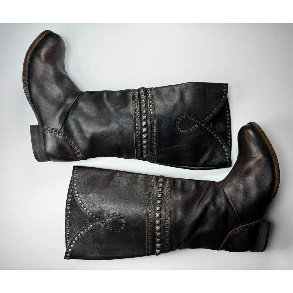 Free People Brown Leather Boots Womens EU 37  Tall Studded‎ Portugal Decorative - Picture 11 of 15